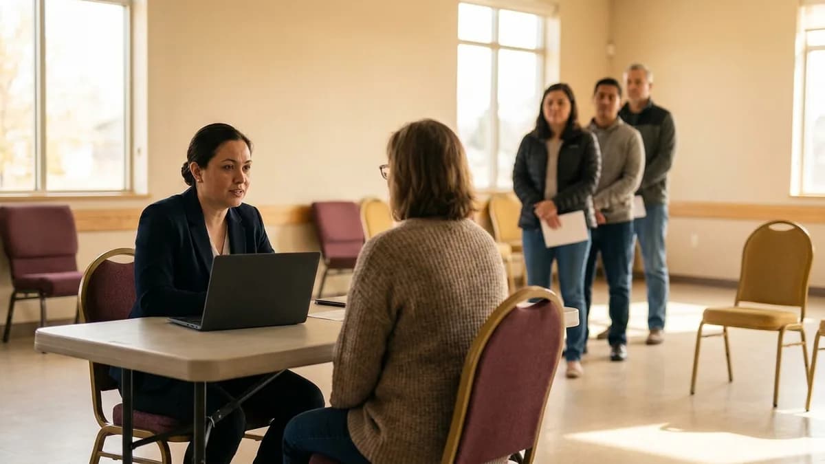 Personal consular atendiendo a familias en un consulado móvil instalado en un salón comunitario