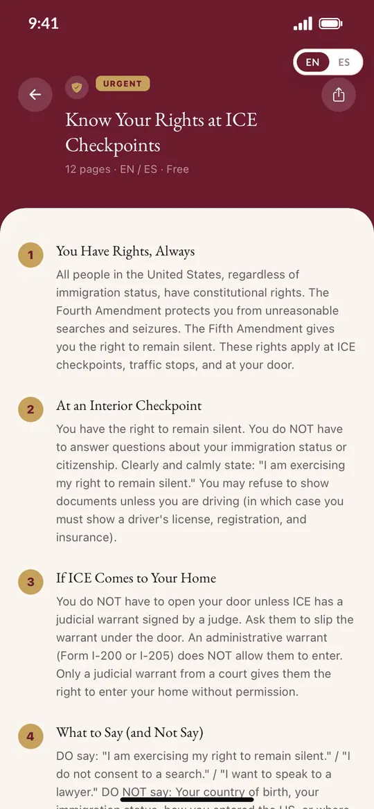 Amparo app screen: Know your rights