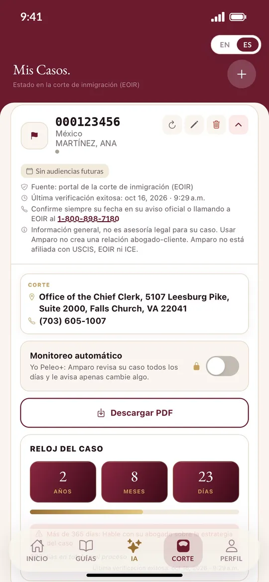 Pantalla de la app Amparo: Siga su caso en la corte